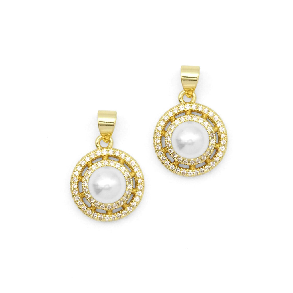 Clear CZ Gold White Pearl Round Charm, Sku#LK818