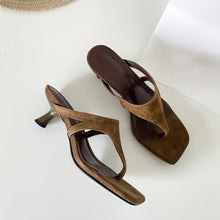 Load image into Gallery viewer, Women's Retro-Chic Square Toe Thong Stiletto Sandals – Buckle Closure Mid Heel
