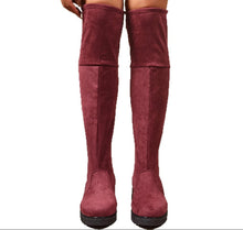 Load image into Gallery viewer, Women's Burgundy Suede Lace-Up Knee High Boots | Chunky Heel Side Zip