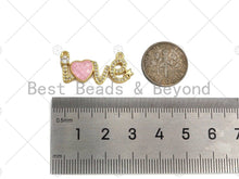 Load image into Gallery viewer, CZ Micro Pave Pink Mother of Pearl Heart On Love Shape Pendant, Cubic Zirconia Love Heart Pendant, Gold Tone pendant, 12x27mm, sku#LK176