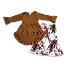 Load image into Gallery viewer, Brown high low tunic cow print pants kids clothing set