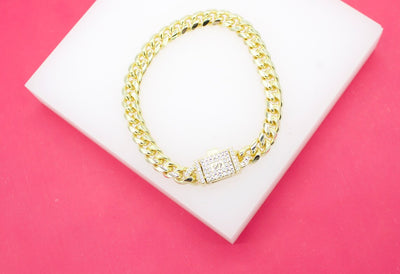 18K Gold Filled 7mm Thick Curb Cuban Chain Bracelet With CZ Clasp