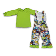 Load image into Gallery viewer, Green cotton top screen print overalls boutique girls clothing