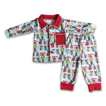 Load image into Gallery viewer, Blue green face print pocket boy Christmas pajamas