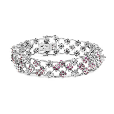 14K White Gold Pink Sapphire and Diamond Floral Lattice Link Bracelet - 7.25