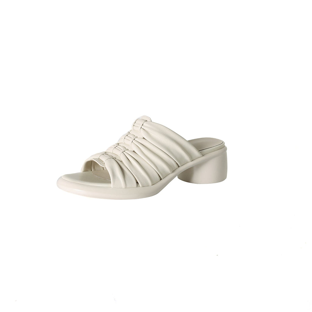 Women's Ruched Slide Sandals | Genuine Lambskin Block Heel Open-Toe Mules