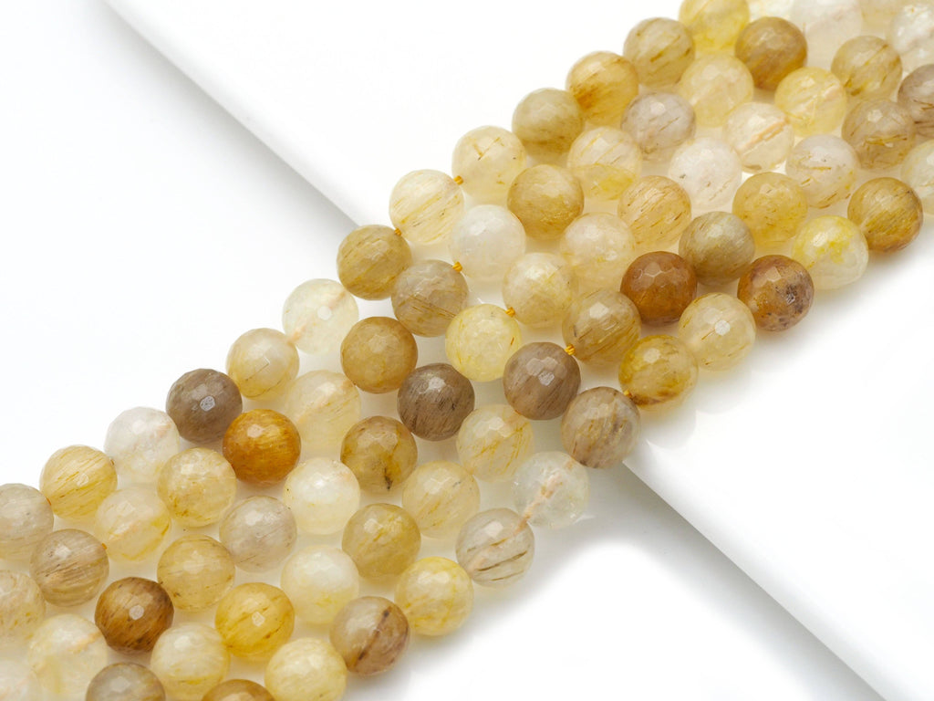 Genuine Rutilated Quartz Faceted Round Beads, Sku#U1401
