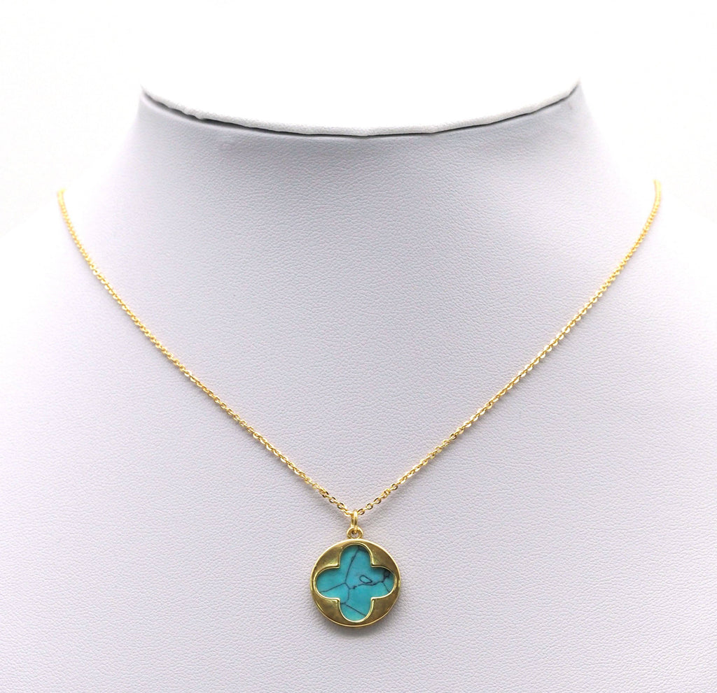 Gold CZ Clover Flower On Turquoise Stone Charm, Sku#L705