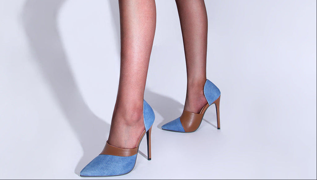 Women's Denim Patchwork Stiletto Pumps – Pointed Toe High Heel Shoes