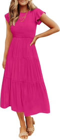 ZESICA Women's 2026 Summer Casual Flutter Short Sleeve Smocked Midi Dress