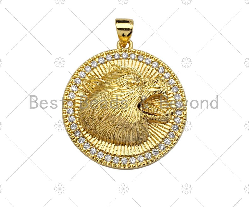 18K Gold Embossment Wolf Head On Round Coin Shape Pendant, Round Charm, Animal Pave Pendant, Gold plated, 25mm, Sku#LK60