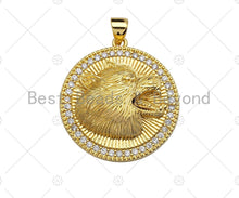 Load image into Gallery viewer, 18K Gold Embossment Wolf Head On Round Coin Shape Pendant, Round Charm, Animal Pave Pendant, Gold plated, 25mm, Sku#LK60