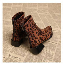 Load image into Gallery viewer, Women's Pointed-Toe Chunky Heel Boots | Back Zipper | Leopard Print, Black, Yellow, Brown