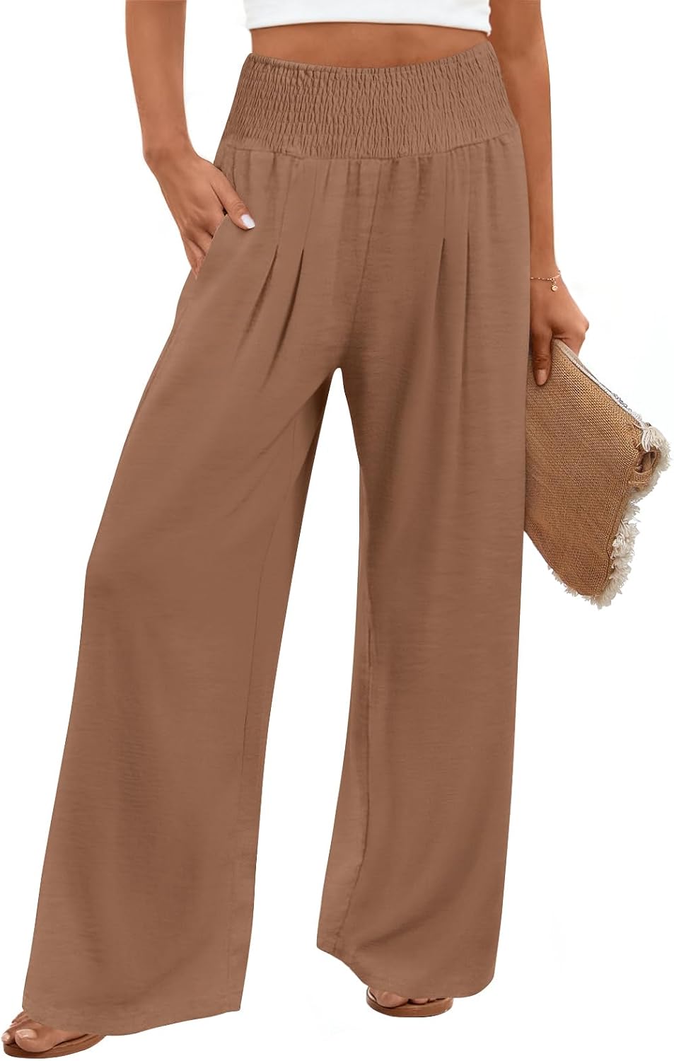 Findsweet Womens Wide Leg Pants Palazzo Casual Flowy Elastic Waist Pant Dressy Long Lounge with Pockets
