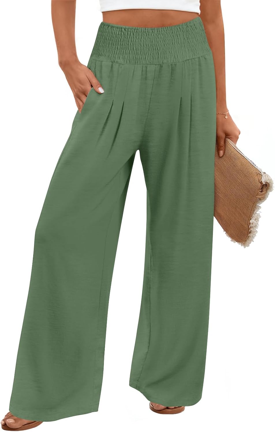Findsweet Womens Wide Leg Pants Palazzo Casual Flowy Elastic Waist Pant Dressy Long Lounge with Pockets