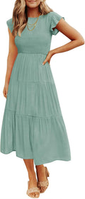 ZESICA Women's 2026 Summer Casual Flutter Short Sleeve Smocked Midi Dress