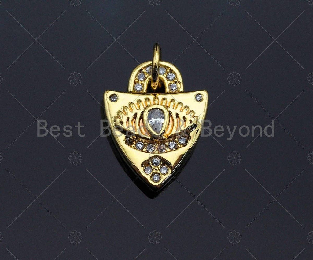 Dainty CZ Micro Pave Evil Eye On Shield Shape Charm/Pendant, Heart Shape Charm, Gold Lock Pendant, Gold plated charm, 13x11mm, Sku#JL11