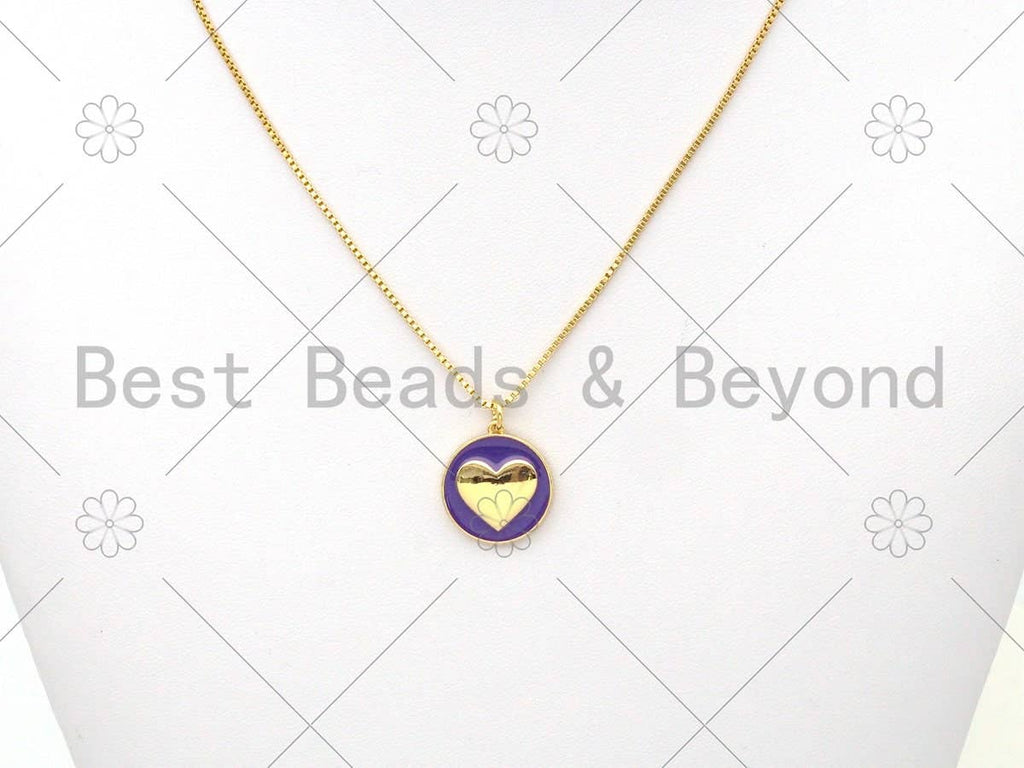 Gold Heart On Colorful Enamel Round Coin Shape Pendant, 18K Gold Filled Heart Charm,Enamel Pendant,Enamel Jewelry,17x19mm,Sku#F1411C