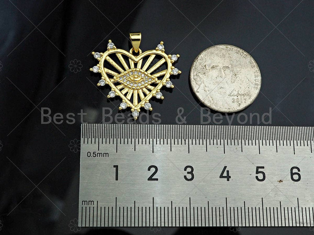 Gold Filled CZ Micro Pave Evil Eye On Heart Shape Pendant, 18K Gold Filled Heart Charm, Necklace Bracelet Charm Pendant, 27x24mm,Sku#LD93