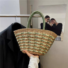 Load image into Gallery viewer, Handwoven Straw Beach Basket Bag - Color Block Shoulder Tote for Women