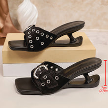 Load image into Gallery viewer, Women's Square Toe High Heel Sandals | Fabric Strappy Heels in Black, Leopard &amp; Red