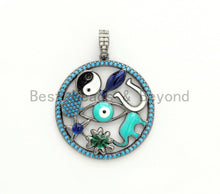 Load image into Gallery viewer, LARGE Enamel Round Artisan Protection Pendant,Black CZ Micro Pave Oil Drop Round pendant,Enamel pendant,Enamel Jewelry,32x34mm,sku#F595