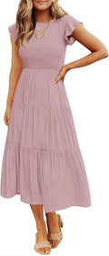 ZESICA Women's 2026 Summer Casual Flutter Short Sleeve Smocked Midi Dress