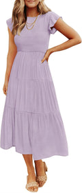 ZESICA Women's 2026 Summer Casual Flutter Short Sleeve Smocked Midi Dress