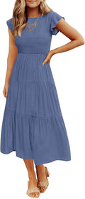 ZESICA Women's 2026 Summer Casual Flutter Short Sleeve Smocked Midi Dress