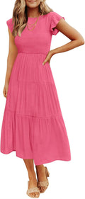 ZESICA Women's 2026 Summer Casual Flutter Short Sleeve Smocked Midi Dress