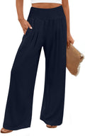 Findsweet Womens Wide Leg Pants Palazzo Casual Flowy Elastic Waist Pant Dressy Long Lounge with Pockets