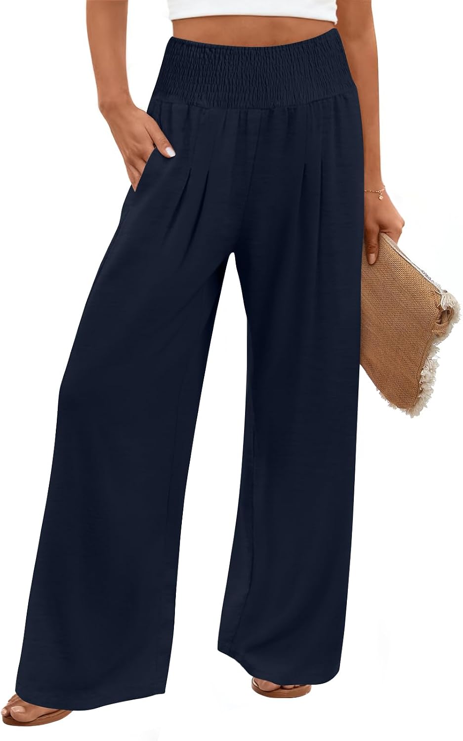 Findsweet Womens Wide Leg Pants Palazzo Casual Flowy Elastic Waist Pant Dressy Long Lounge with Pockets