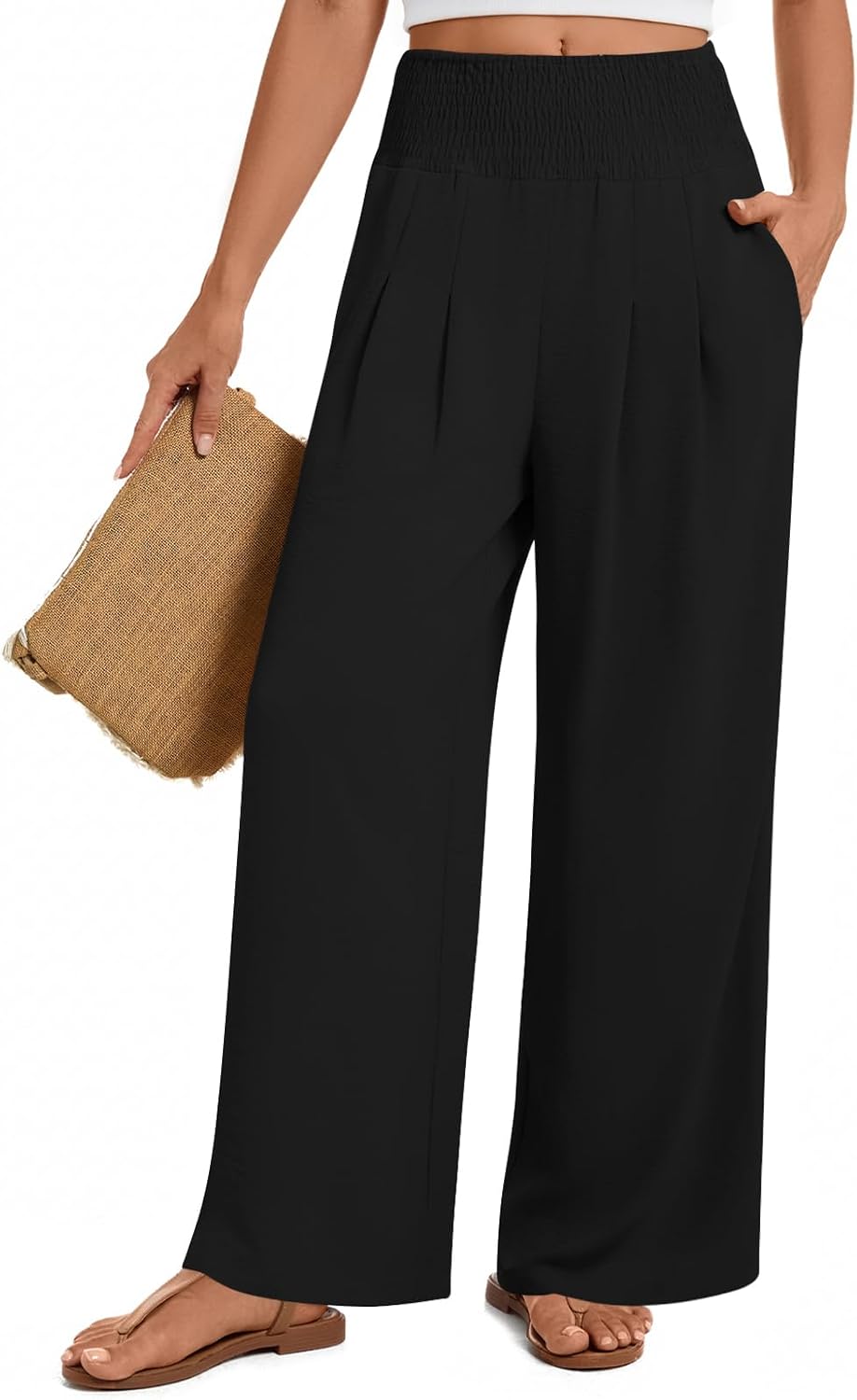 Findsweet Womens Wide Leg Pants Palazzo Casual Flowy Elastic Waist Pant Dressy Long Lounge with Pockets