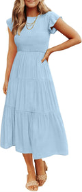 ZESICA Women's 2026 Summer Casual Flutter Short Sleeve Smocked Midi Dress