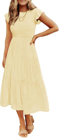 ZESICA Women's 2026 Summer Casual Flutter Short Sleeve Smocked Midi Dress