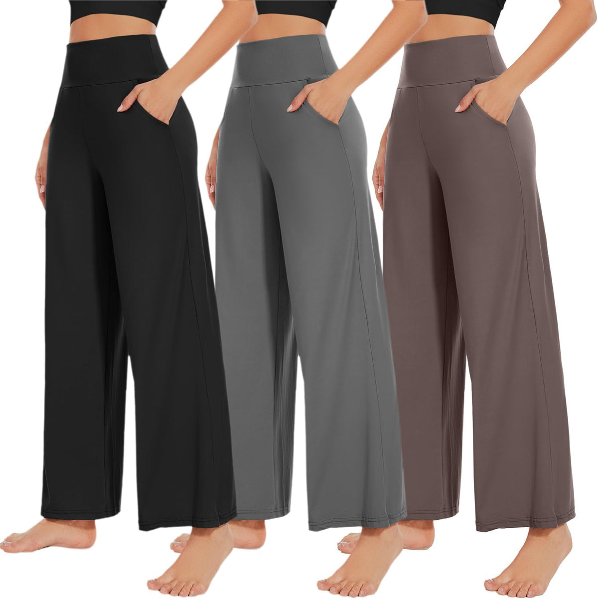 NEW YOUNG 3 Pack Women's Wide Leg Pants with Pockets High Waist Loose Sweatpants Casual Lounge Yoga Workout Palazzo