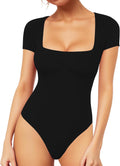 MANGOPOP Women's Square Neck Bodysuit Shirt Long Sleeve Short Sleeve Tops