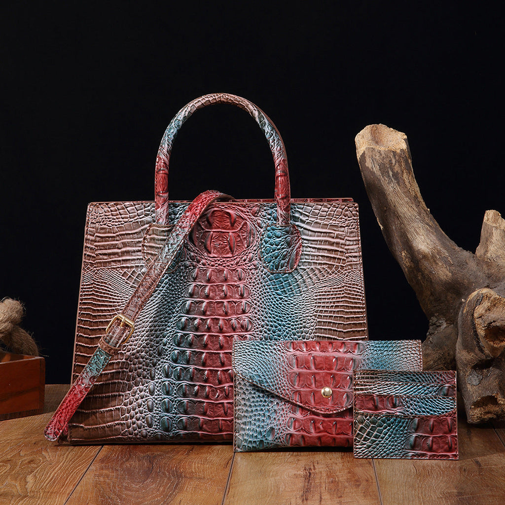 Women's Crocodile-Grain Crossbody Tote Bag Set - 3-Piece Premium PU Leather Handbag Collection