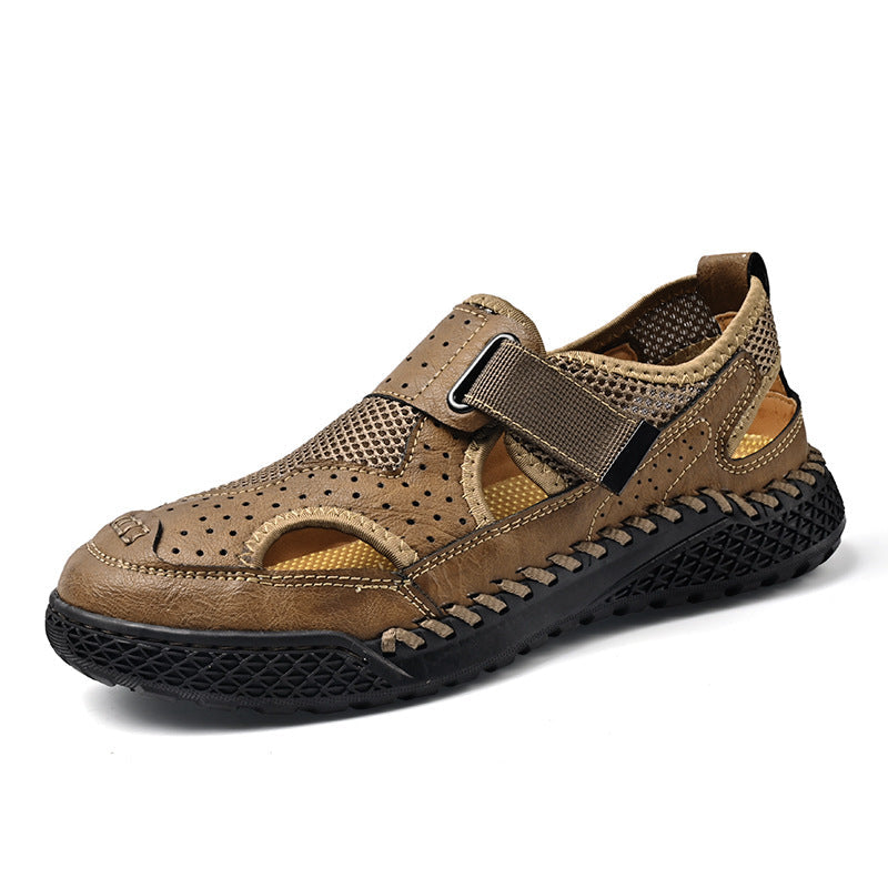 Men's Breathable Leather Mesh Closed-Toe Sandals with Velcro Strap - Genuine Leather & Rubber Sole