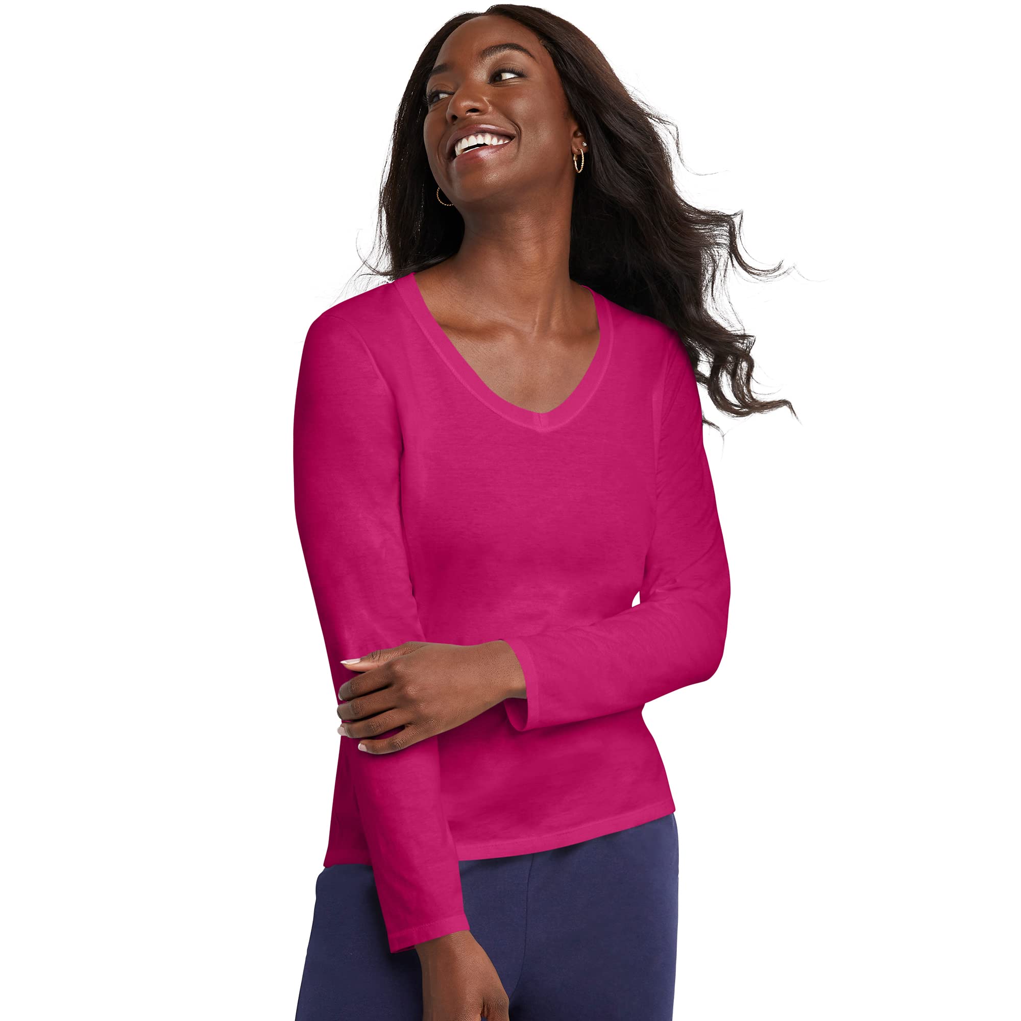 Hanes Women's Long Sleeve Cotton V-Neck T-Shirt, Lightweight V-Neck Tee, Modern Fit