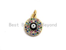 Load image into Gallery viewer, CZ Colorful Micro Pave Round With Evil Eye Pendant, Coin Shaped Pave Pendant, Gold plated, 10x12mm, Sku#F842