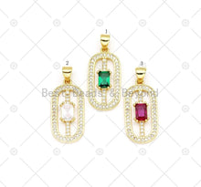 Load image into Gallery viewer, Colorful Big Rectangle CZ on Micro Pave Oval Shape Pendant, 18K Gold Filled CZ Charm, Necklace Bracelet Charm Pendant, 24x12mm,Sku#LK497