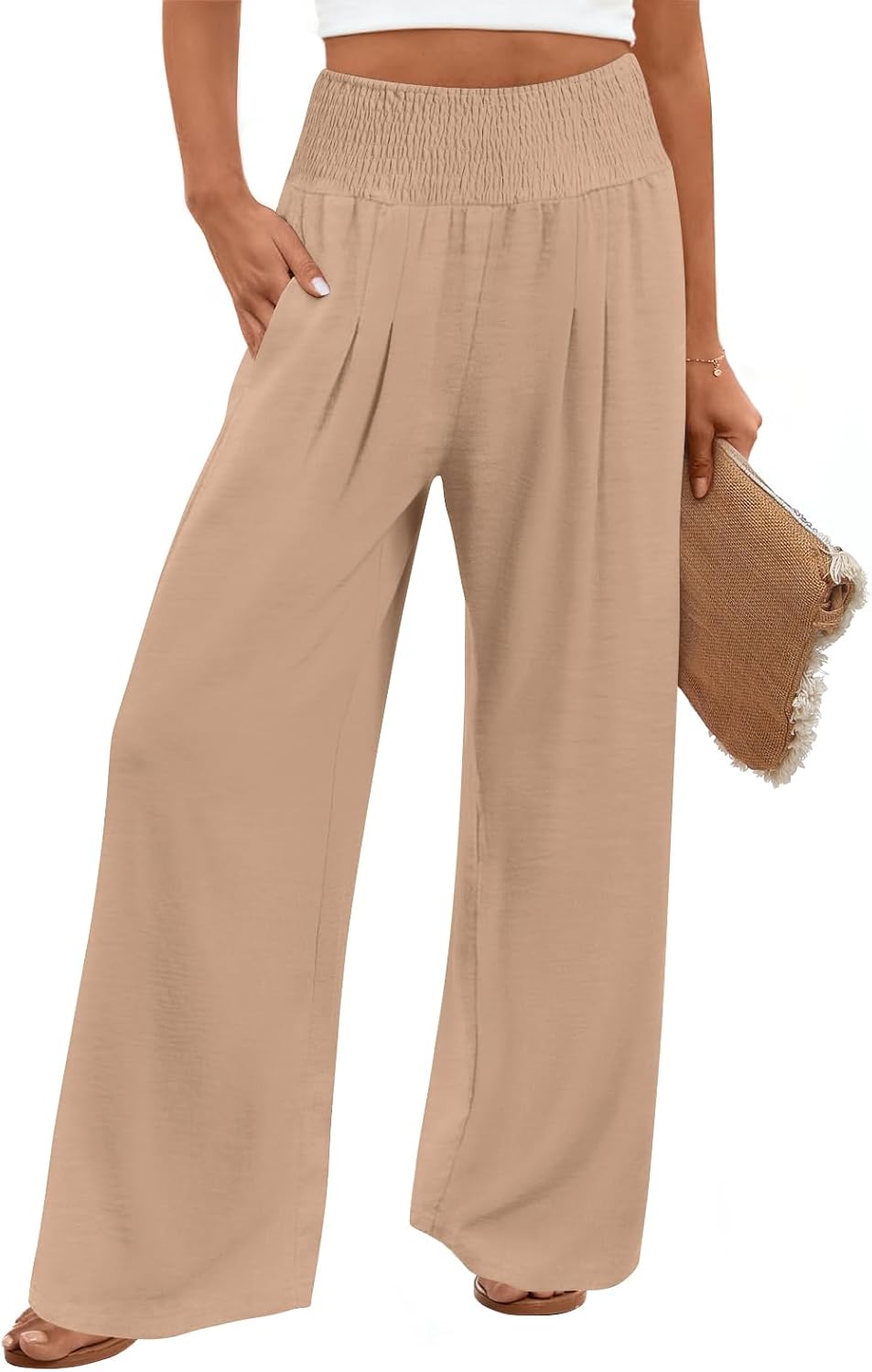 Findsweet Womens Wide Leg Pants Palazzo Casual Flowy Elastic Waist Pant Dressy Long Lounge with Pockets