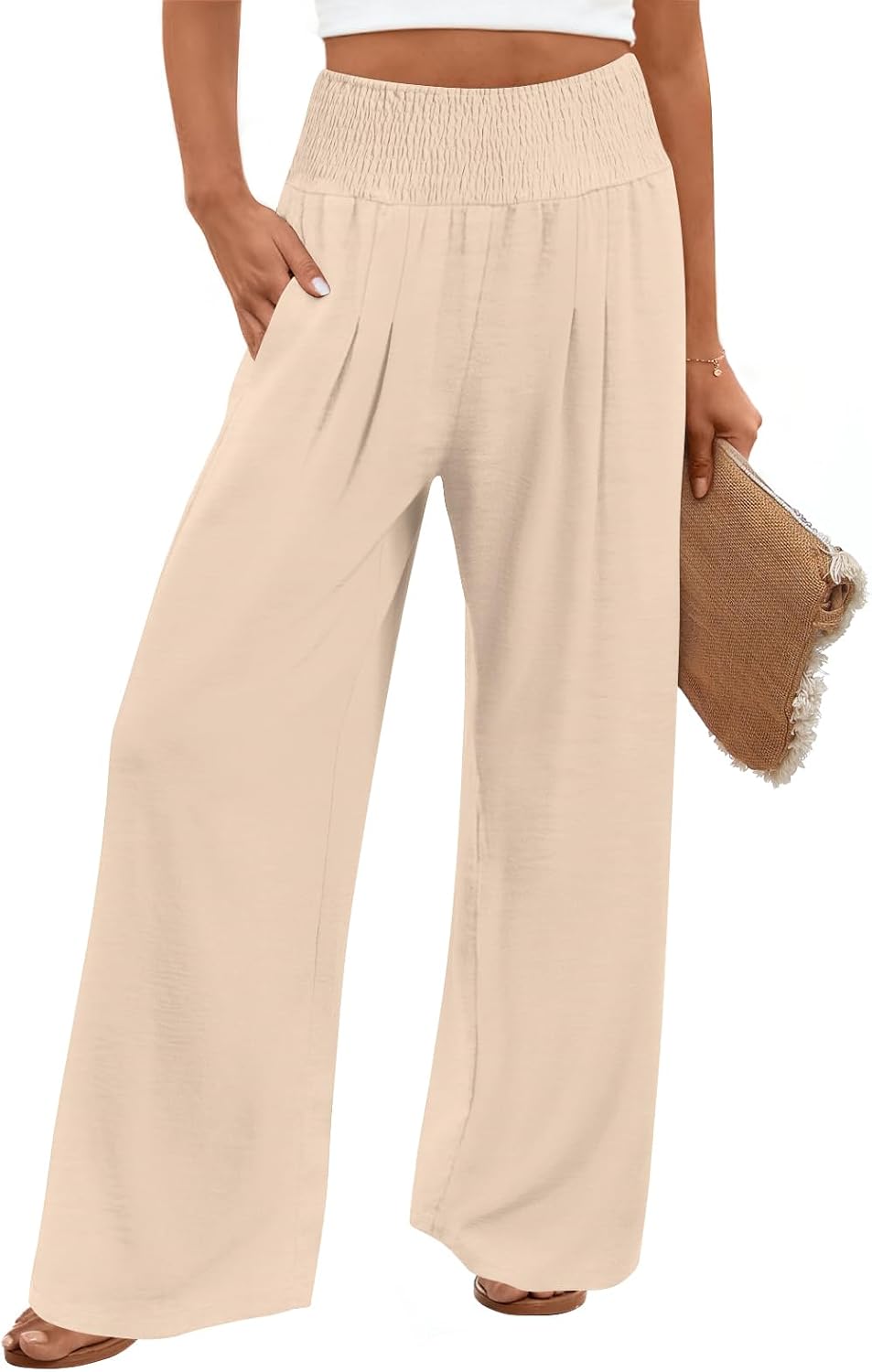 Findsweet Womens Wide Leg Pants Palazzo Casual Flowy Elastic Waist Pant Dressy Long Lounge with Pockets