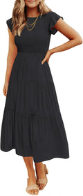 ZESICA Women's 2026 Summer Casual Flutter Short Sleeve Smocked Midi Dress