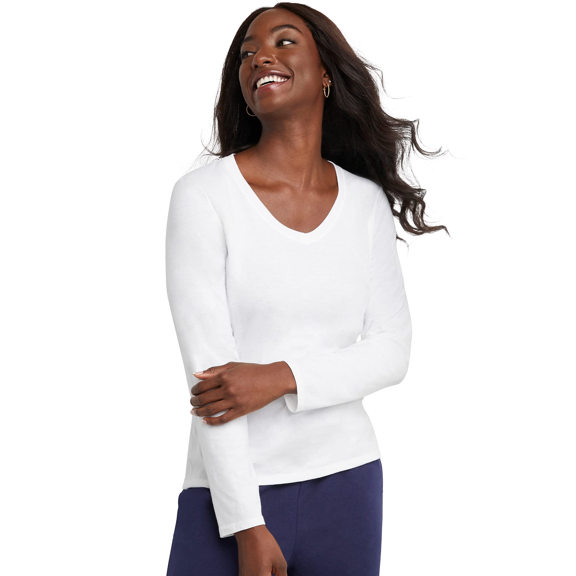 Hanes Women's Long Sleeve Cotton V-Neck T-Shirt, Lightweight V-Neck Tee, Modern Fit