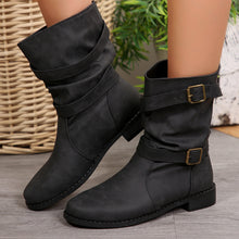 Load image into Gallery viewer, Women's Retro Distressed Barrel Boots | Metal Buckle Mid-Calf Suede Boots with Square Heel