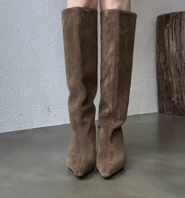 Load image into Gallery viewer, Women's Genuine Cowhide Sheepskin-Lined Stiletto High Boots | Pointed Toe Back Zipper | Coffee Brown