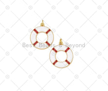 Load image into Gallery viewer, White Red Enamel Lifebuoy Shape Pendant,18K Gold Filled Lifebuoy Charm,Necklace Bracelet Charm Pendant, 23x20mm,Sku#LK473