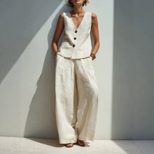Load image into Gallery viewer, Linen Blend V-Neck Buttoned Vest &amp; High-Waist Wide-Leg Pants Set – 5 Colors S–3XL